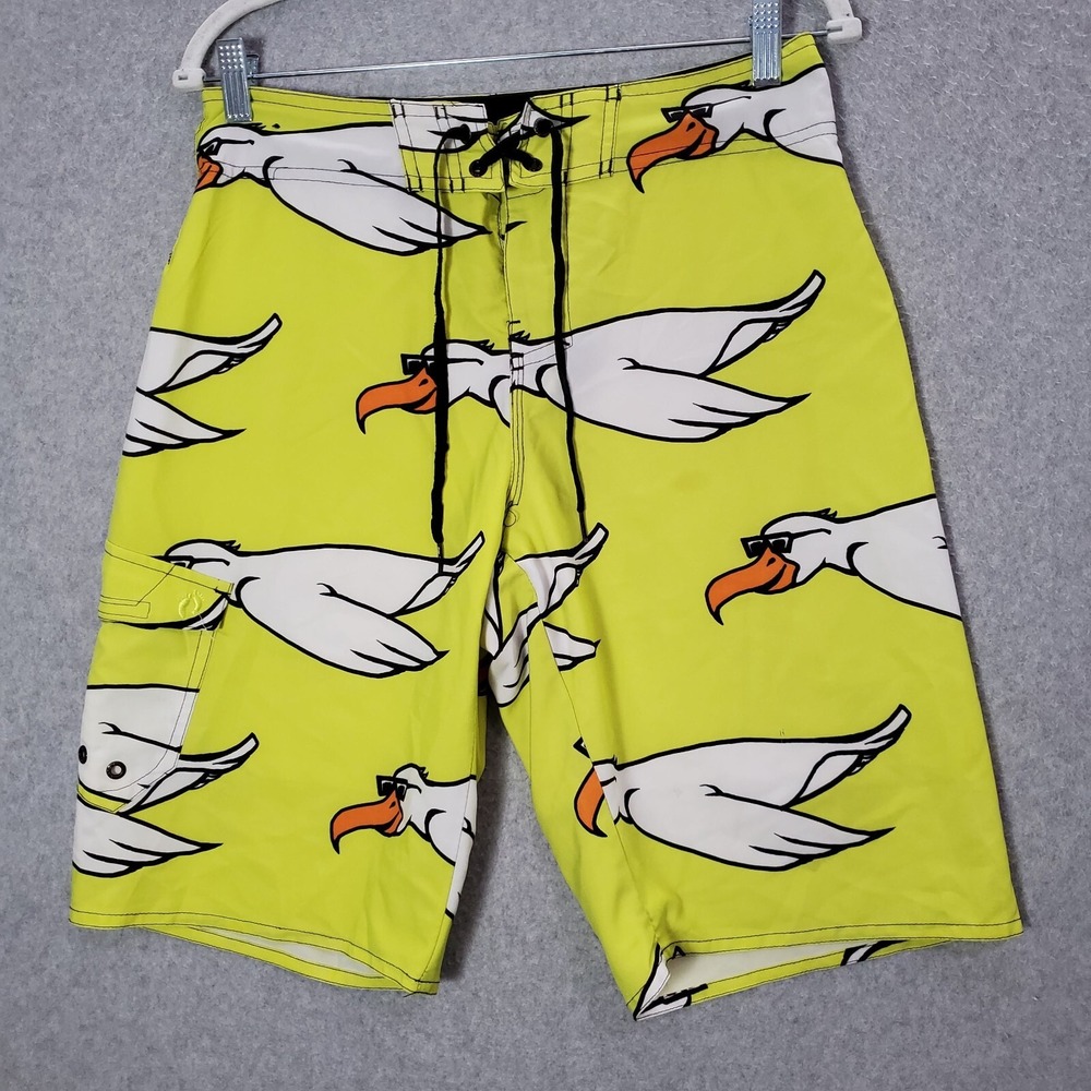 Hang Ten Men Swimwear 30 Yellow Swim Trunks Cargo Duck Allover Print Beach READ